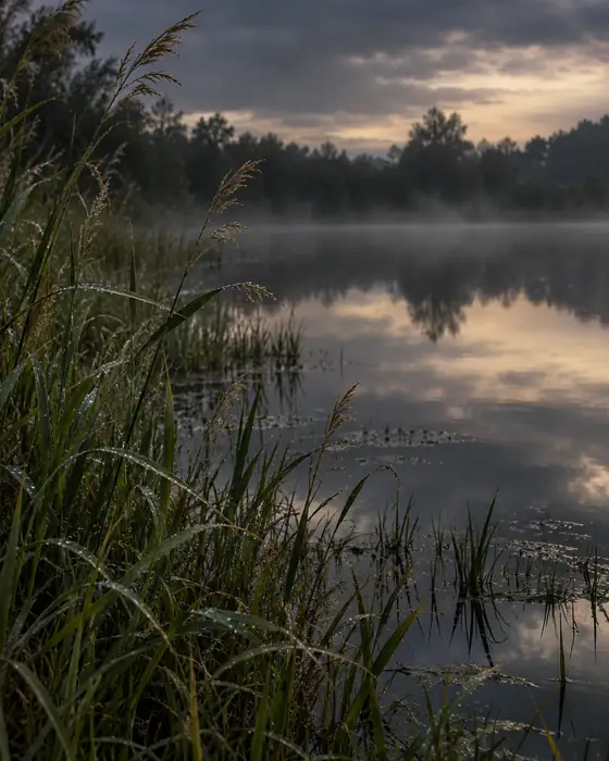 Still water and reeds beneath soft evening mist.