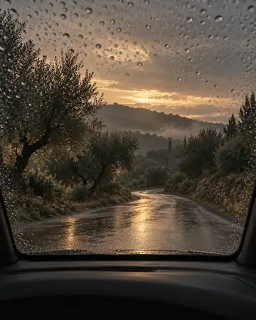 A wet road seen through a car windscreen.