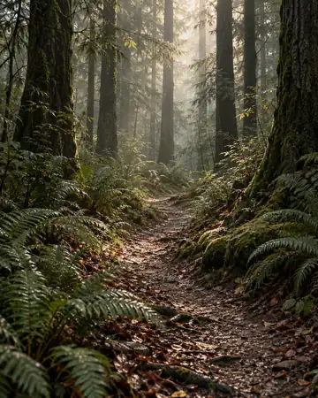 A forest footpath between ferns and trees.